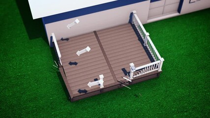 Patio Deck Assembles Outside Home Animation. animation of a patio deck assembling as view rotates around home with shallow depth of field on grass