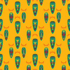 Tribal Masks Seamless Vector Pattern. African Ethnic Masks. Hand Drawn Elements. Colorful Illustration.