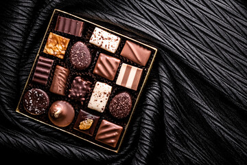 Swiss chocolates in gift box, various luxury pralines made of dark and milk organic chocolate in...