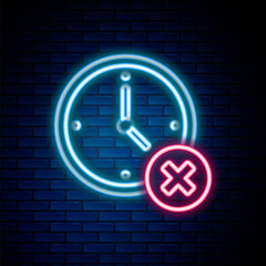 Glowing neon line Clock delete icon isolated on brick wall background. Time symbol. Colorful outline concept. Vector