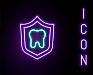 Fototapeta na wymiar Glowing neon line Dental protection icon isolated on black background. Tooth on shield logo. Colorful outline concept. Vector