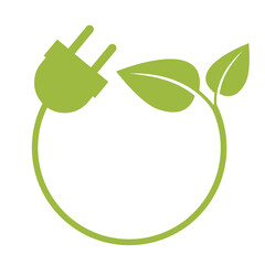 round green energy symbol or logo with plug and leaves, vector illustration