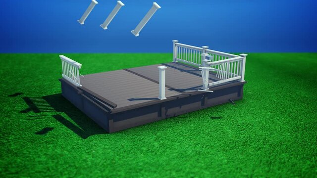 Patio Deck Assembles Alone on Grass with Matte. animation of patio deck assembling on grass with luma matte for isolation