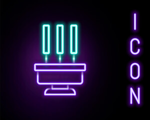 Glowing neon line Burning aromatic incense sticks icon isolated on black background. Colorful outline concept. Vector
