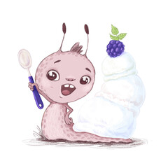 Illustration of a cheerful snail with ice cream on a white background