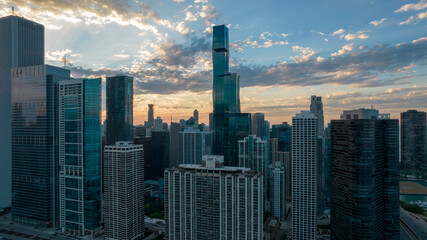 Fototapeta na wymiar Saint Regis Tower Drone Photo During Sunset Chicago IL 