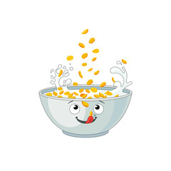 Vector cereal bowl, corn flakes falling into a bowl isolated on white background, funny cartoon character, breakfast concept.
