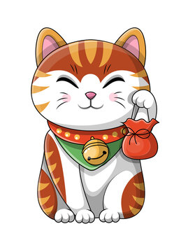 Cute cartoon cat wearing a bell around its neck