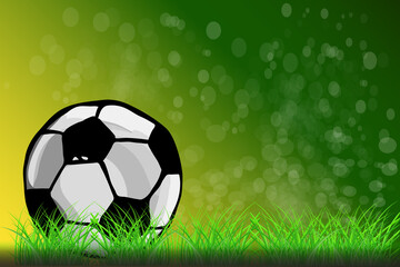 Naklejka premium Soccer ball on green grass background. Football concept. Soccer poster or card template with copy space. Football teams competition, sport clubs tournament banner or cover. Stock vector illustration