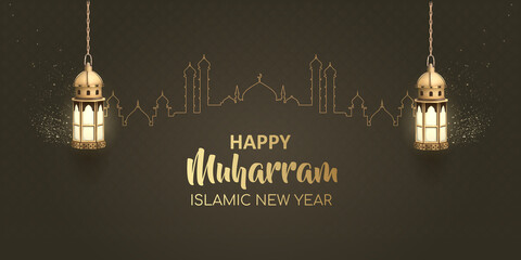 islamic greeting islamic new year card design with golden lanterns