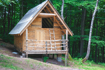 home of refuge for lost tourists. wooden house for shelter from bad weather