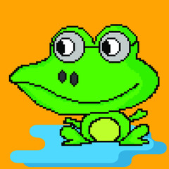 vector pixel art green frog isolated on yellow background.