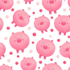 Cute pig hand drawn illustration. Seamless pattern. Pink pig background.