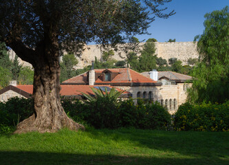 Jerusalem historic neighborhood Yemin Moshe and Old City wall view