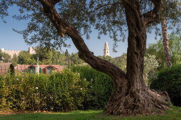 Jerusalem historic neighborhood Yemin Moshe park and Abbey of the dormition