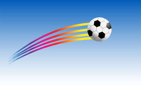 Flying soccer ball with a rainbow streak on a blue background - Vector Illustration