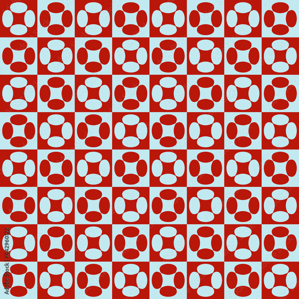 Poster red and white four shapes on square. checker ornament and seamless repeated pattern.