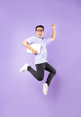 Portrait of a jumping asian man, isolated on purple background