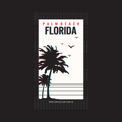Vector illustration on the theme of surfing and palm beach in florida . Vintage design. Sport typography, t-shirt graphics, print, poster, banner, flyer, postcard,etc. 