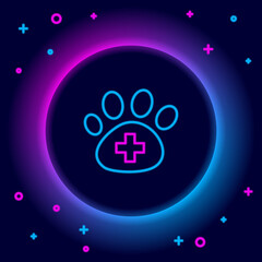 Glowing neon line Veterinary clinic symbol icon isolated on black background. Cross hospital sign. A stylized paw print dog or cat. Pet First Aid sign. Colorful outline concept. Vector