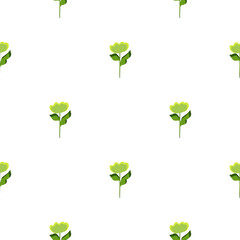 Isolated seamless pattern with little green flowers shapes print. White background. Floral botany print.