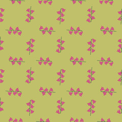 Abstract seamless pattern in geometric style with bell flower shapes. Green pale background. Pink ornament.