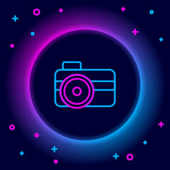 Glowing neon line Photo camera for diver icon isolated on black background. Foto camera icon. Diving underwater equipment. Colorful outline concept. Vector