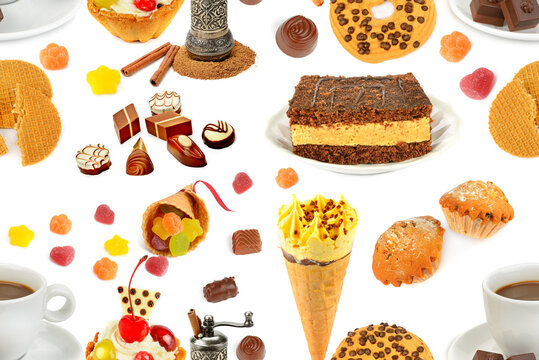 Seamless pattern. Coffee, ice cream, pastries, jelly and chocolate candies isolated on white.
