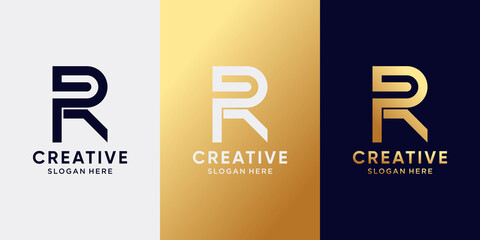 Monogram logo design initial letter R with line art style and golden style color. Logo icon for business company