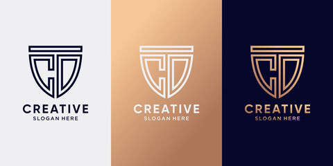 Creative shield logo design initial letter CD with line art style. Monogram logo for business company and personal