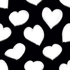 White hearts on a black background. Heart seamless pattern. Hand drawn white hearts.