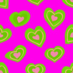 Green hearts on a purple background. Love symbol. Seamless pattern. Pattern for valentine's day, birthday, holidays, fabric, textile, packaging, clothing.