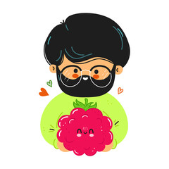 Young cute funny man hold raspberries in hand. Young man hugs cute raspberries. Isolated on white background. Vector hand drawn doodle style cartoon character illustration icon design