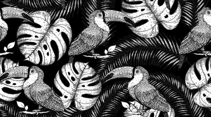 Seamless pattern with toucan and palm leaves. Hand drawn vector illustration. Tropical pattern. Jungle sketch illustration. © vidimages