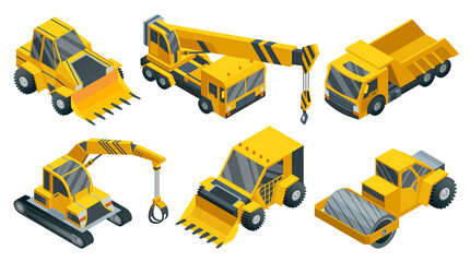 Construction machinery isometric set. Heavy transportation. Icons collection representing heavy mining and road industry. Career and construction transport