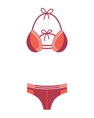 Fashion swimsuit. Flat icon of cartoon trendy female beachwear. Two-piece swimming suit or bathing girls and womans underwear lingerie. Vector colorful swimwear