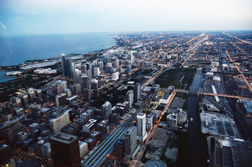 USA, CHICAGO: Evening aerial cityscape view of skyscrapers