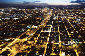 USA, CHICAGO: Evening aerial cityscape view of skyscrapers