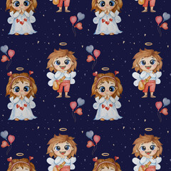 Kids collection of seamless patterns. Cute couple of children angels - a girl and a boy with wings and hearts on a blue background with balloons. Watercolor. for design, decor, textiles, wallpaper