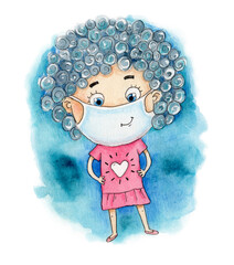 Watercolor drawing of a girl in a mask with a smile