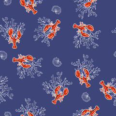 Stijlvolle handgetekende rode kreeft met omtrek koralen en schelpen naadloos patroon vector design, ontwerp voor mode, stof, textiel, behang, dekking, web, inwikkeling en alle prints op
