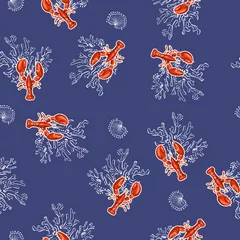 Rolgordijnen Oceaandieren Stijlvolle handgetekende rode kreeft met omtrek koralen en schelpen naadloos patroon vector design, ontwerp voor mode, stof, textiel, behang, dekking, web, inwikkeling en alle prints op