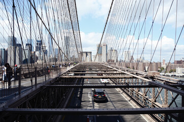 USA, NEW YORK: Scenic cityscape view on the Brooklyn Bridge 