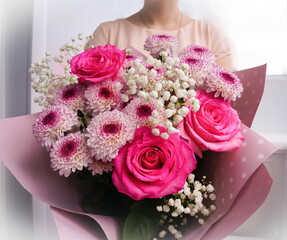 Young  woman  holding  flowers bouquet of fresh pink roses and lilac chrysanthemums in hands. Holiday celebration,  floral concept close up.