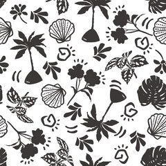 Modern cute hand drawn summer beach, palm tree ,tropical leaves and flower black and white seamless pattern vector EPS 10