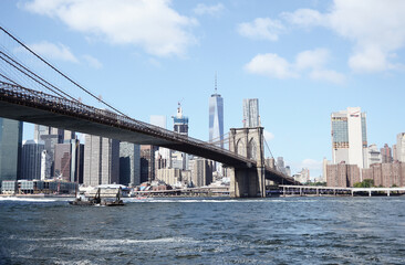 USA, NEW YORK: Scenic cityscape view on the Brooklyn Bridge 