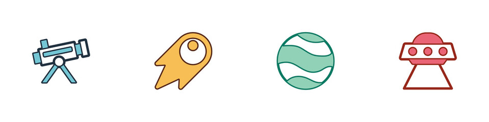 Set Telescope, Comet falling down fast, Planet and UFO flying spaceship icon. Vector