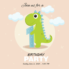 Obraz premium Cute baby boy dinosaur. Birthday invitation .