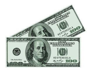 One hundred US dollar banknotes isolated on a white background