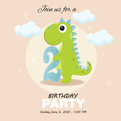 Obraz premium Cute baby boy dinosaur. Birthday invitation .